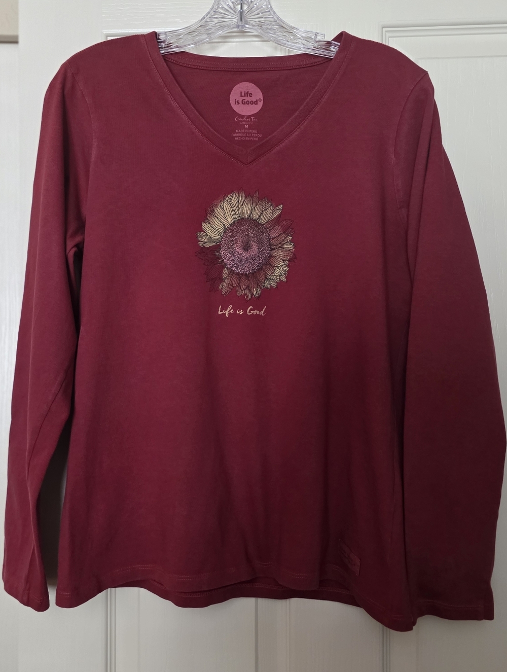 Life Is Good Maroon/Red Long Sleeve Crusher Tee with Sunflower Graphic Size M